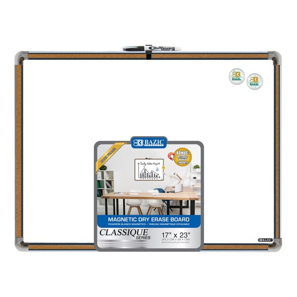 Bazic Products Cork Framed Magnetic Dry Erase Board with Marker and 2 Magnets, 17in. x 23in. 6022 - main